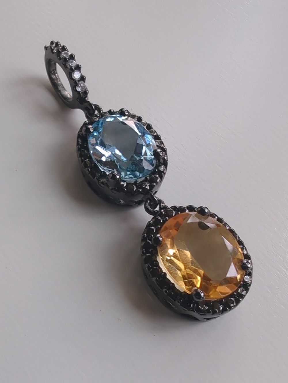 Blue Topaz & Citrine 925 Sterling Silver Gunmetal Finish Pendant/Slide